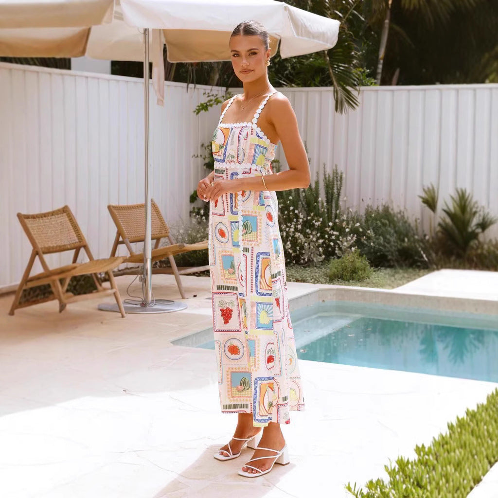 Robe longue femme – Lin mélangé – Imprimé géométrique – Bretelles dentelle – Coupe fluide