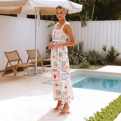 Robe longue femme – Lin mélangé – Imprimé géométrique – Bretelles dentelle – Coupe fluide