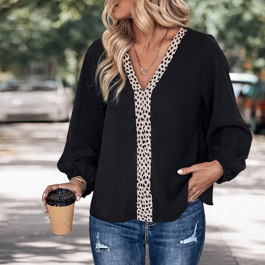 Blouse femme – Coupe décontractée – Col V – Manches bouffantes – Détail léopard