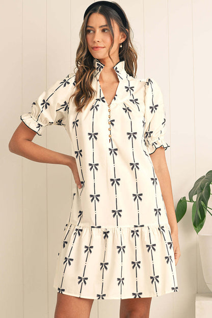 Robe femme évasée – Fibres naturelles – Manches bouffantes – Motif nœuds – Coupe au-dessus du genou