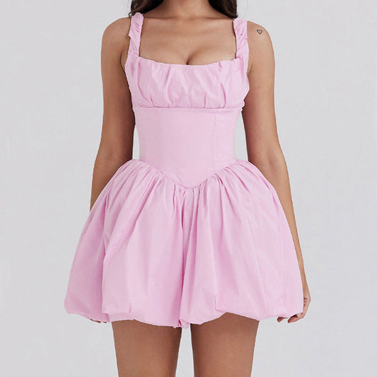 Robe trapèze femme – Bustier ajusté – Bretelles à volants – Jupe bouffante mini