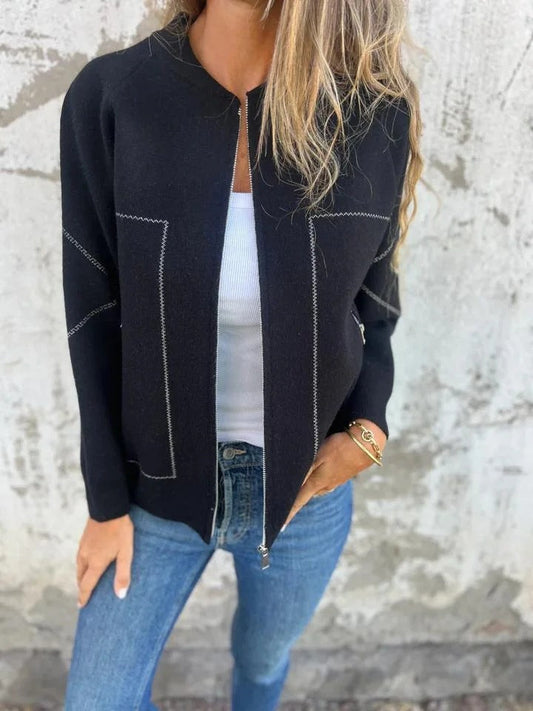 Veste tricotée femme – Laine – Coupe décontractée – Fermeture zippée – Poches latérales