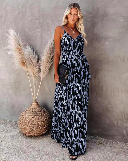 Robe femme mi-longue – Coupe slim – Imprimé – Décolleté en V – Bretelles fines