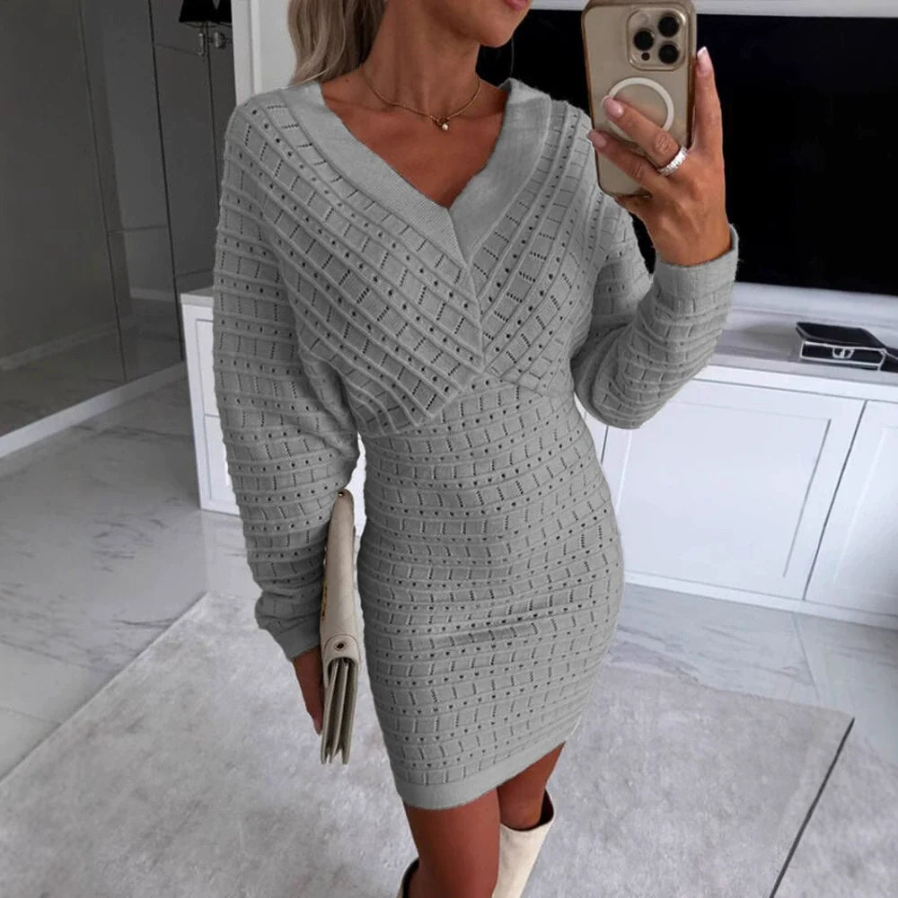 Femme Robe - Maille fine extensible - Coupe slim - Col V - Manches longues - Longueur mini