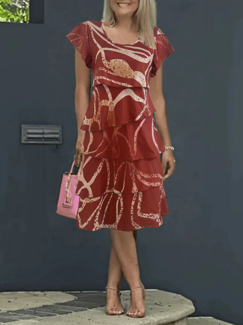 Robe midi femme – Coupe ample – Manches volantées – Imprimé – Style décontracté