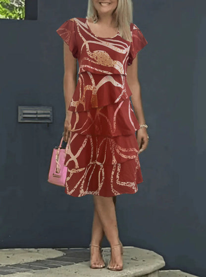 Robe midi femme – Coupe ample – Manches volantées – Imprimé – Style décontracté
