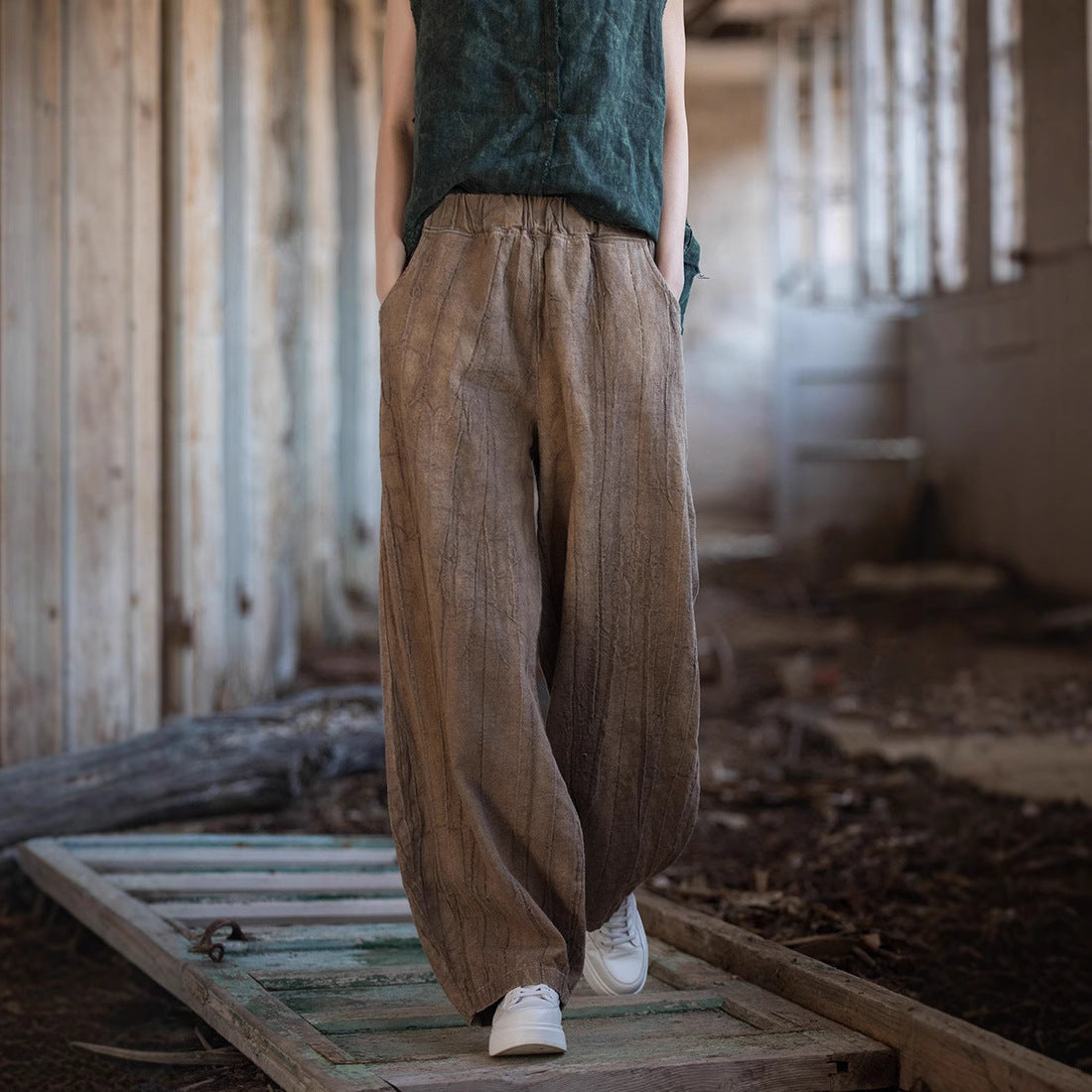 Pantalon décontracté femme – Coupe ample – Fibre naturelle – Style lanterne texturé