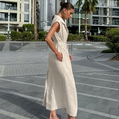 Robe femme – Sans manches – Lin coton respirant – Ceinture nouée – Longue fendue