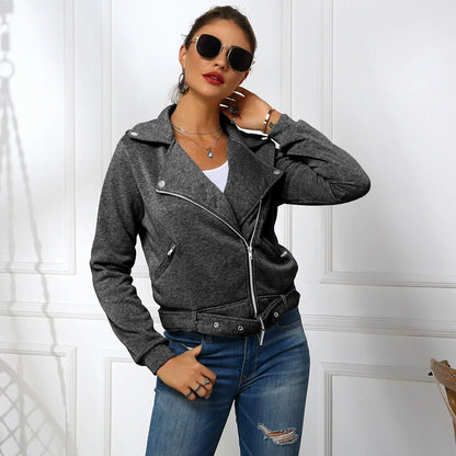 Veste courte femme – Coupe slim – Col à revers – Zip asymétrique – Ceinture ajustable