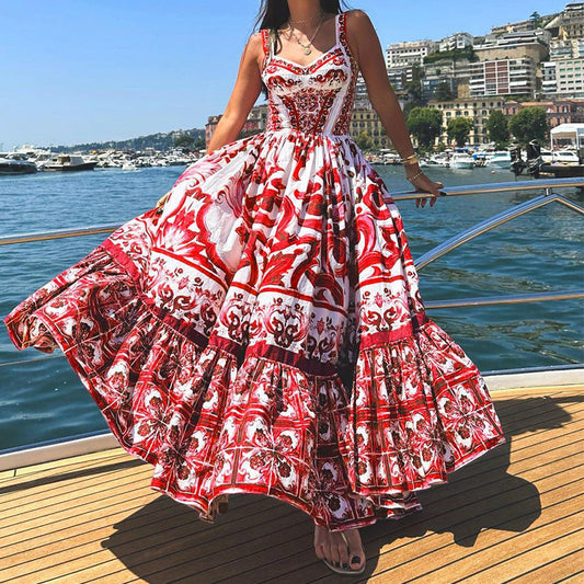 Robe Femme Longue – Bretelles Réglables – Coupe Fluide – Imprimé Élégant – Tissu Respirant
