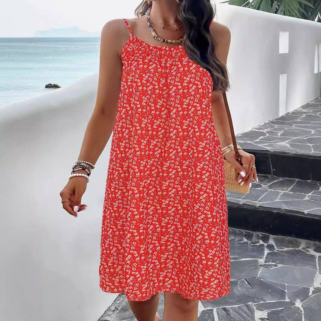 Robe trapèze femme – Imprimé fleuri – Bretelles fines – Coupe fluide – Longueur genou