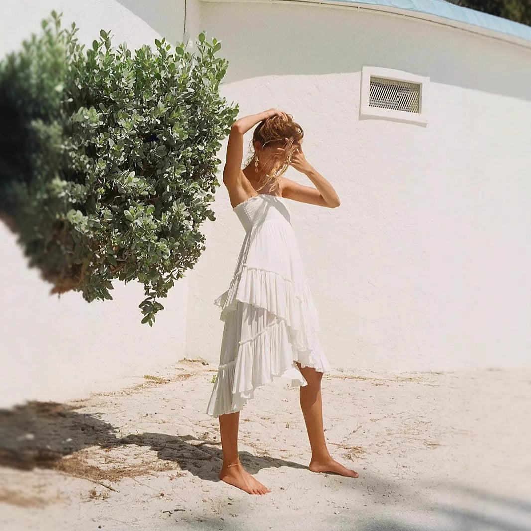 Robe femme sans bretelles – Coupe fluide – Tissu léger – Jupe à volants mi-longue