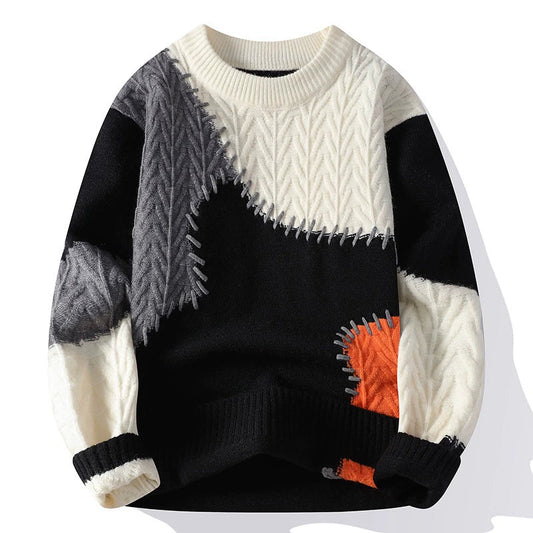 Homme Pull - Maille Multi-textures - Coupe ample - Col rond côtelé