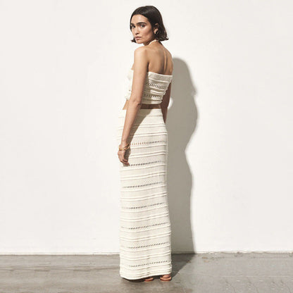 Ensemble Deux Pièces Femme – Crochet Respirant – Bandeau Twist – Jupe Midi Taille Haute