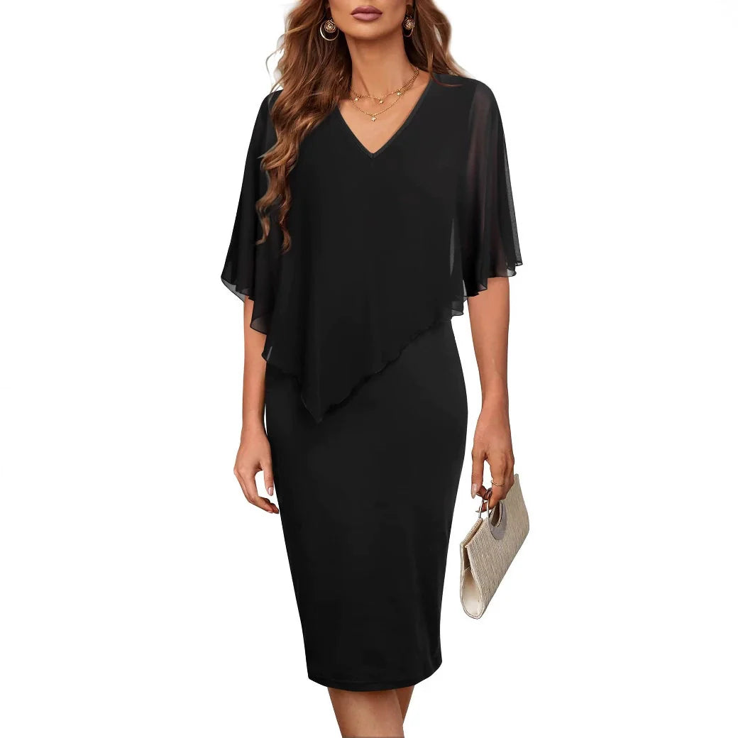 Robe femme – Coupe ajustée – Décolleté en V – Voile fluide – Mi-longue élégante