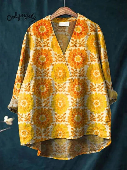 Chemise femme manches longues – Coupe décontractée – V-col – Tissu respirant – Motifs imprimés