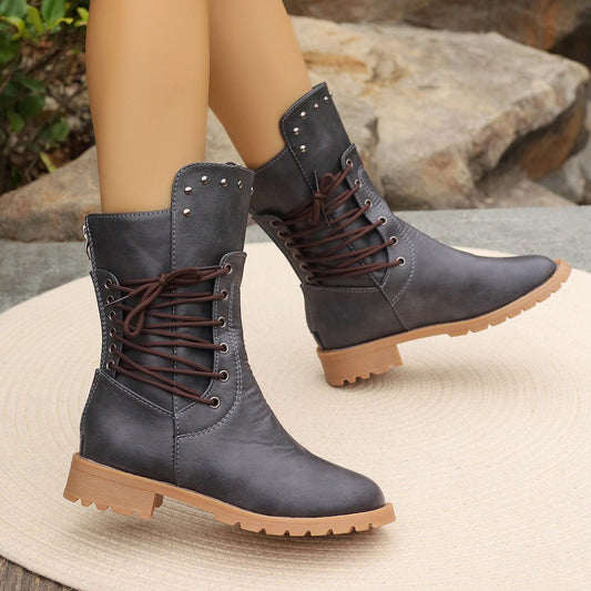 Bottes Femme Mi-Mollet – Similicuir – Lacets – Talon Épais – Semelle Crantée