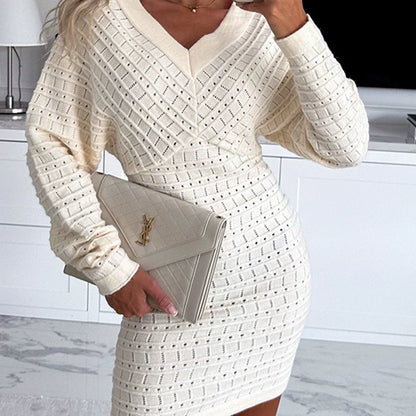 Femme Robe - Maille fine extensible - Coupe slim - Col V - Manches longues - Longueur mini