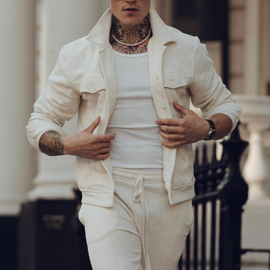 Costume homme – Coton texturé – Veste ajustée – Pantalon taille coulissante