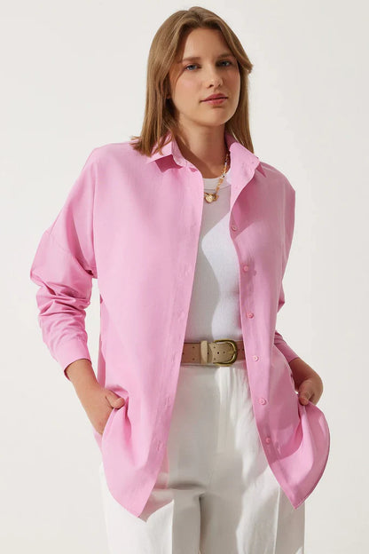 Blouse femme oversize – Coton doux – Manches longues – Boutonnée – Col classique