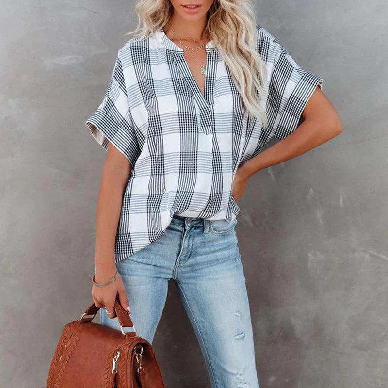 Blouse femme – Coupe décontractée – Motif à carreaux – Manches courtes – Coton respirant
