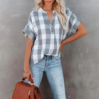 Blouse femme – Coupe décontractée – Motif à carreaux – Manches courtes – Coton respirant
