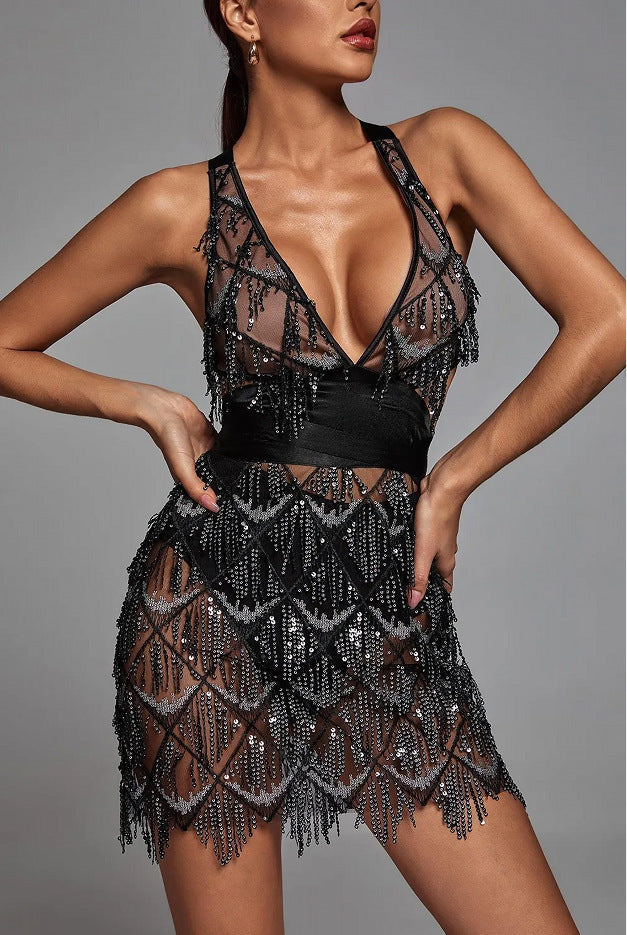 Robe midi femme – Coupe ajustée – Décolleté plongeant – Sequins et franges élégantes