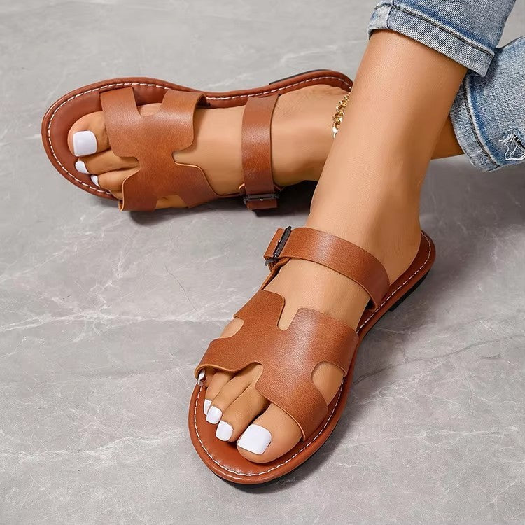 Sandales femme – Similicuir – Bout ouvert – Semelle plate – Bride réglable