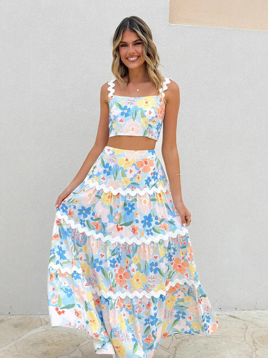 Ensemble Femme – Haut Court Bretelles Larges Slim – Jupe Longue Volants Fluide Fleurie