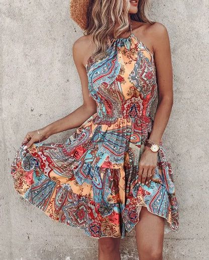 Robe femme col halter – Coupe fluide – Coton – Taille smockée – Longueur midi