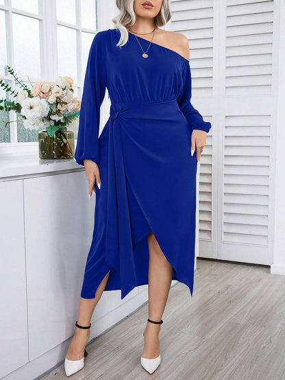 Robe portefeuille femme – Encolure asymétrique – Manches longues – Coupe midi élégante