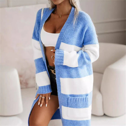 Cardigan femme – Coupe oversize – Maille douce – Longue ouverte – Rayures côtelées