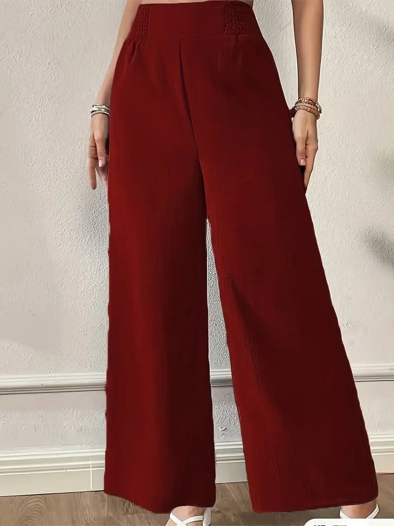 Pantalon large femme – Taille haute – Tissu fluide – Longueur complète – Taille élastique