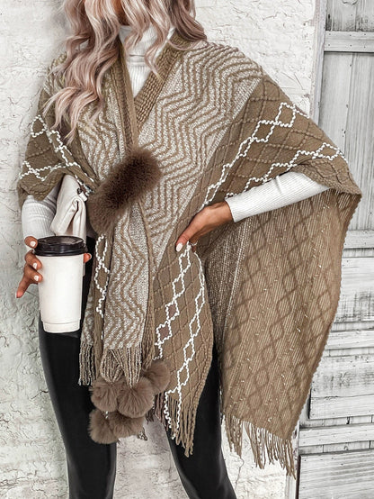 Cardigan Cape Femme – Maille Laine – Coupe Oversize – Col V – Franges Boho