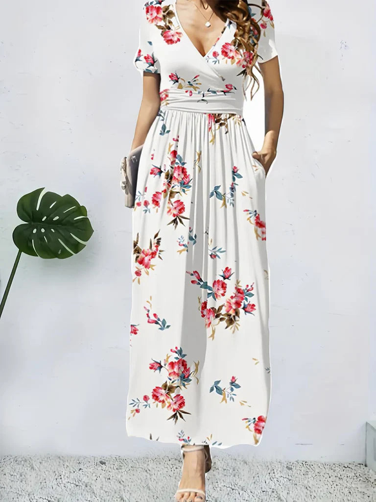 Robe longue femme – Coupe portefeuille – Imprimé fleuri – Manches courtes – Fluide