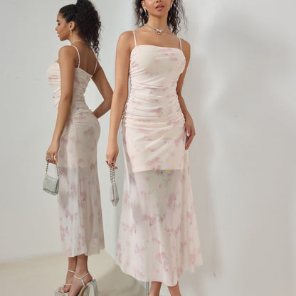 Robe longue femme – Sans manches – Coupe moulante – Fronces – Bretelles fines – Ourlet sirène