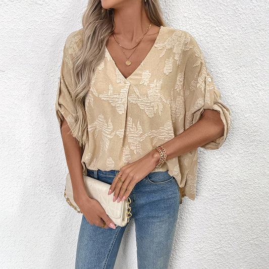 Blouse femme – Coupe ample – Détail lacé – Tissu respirant – Manches retroussées