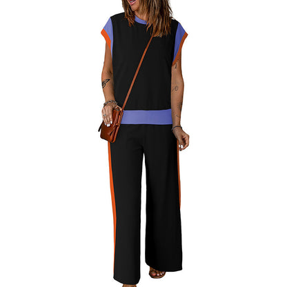 Ensemble Femme – Tissu Léger – Haut Manches 3/4 – Pantalon Évasé 7/8 – Détail Contraste