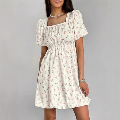 Robe femme évasée – Coton léger – Manches bouffantes – Imprimé fleuri – Col carré