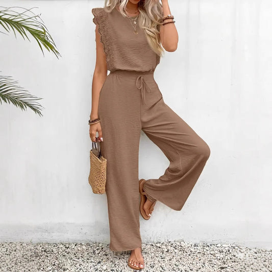 Ensemble Loungewear Femme – Haut Sans Manches Dentelle – Pantalon Large Cordon Ajustable