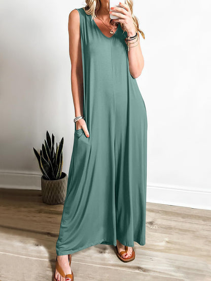 Robe longue femme – Sans manches – Décolleté en V – Coupe fluide – Maille douce avec poches