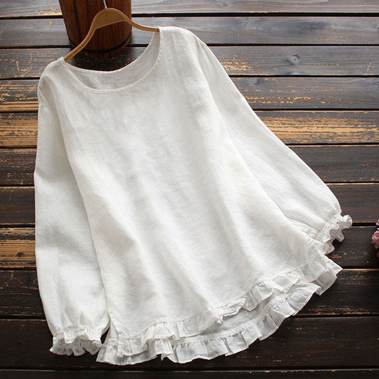 Blouse femme – Coupe ample – Manches longues – Linnen coton – Volants élégants