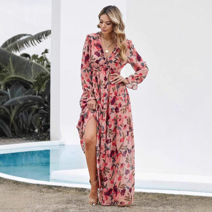 Robe longue femme – Chiffon léger – Imprimé fleuri – Col V – Manches longues