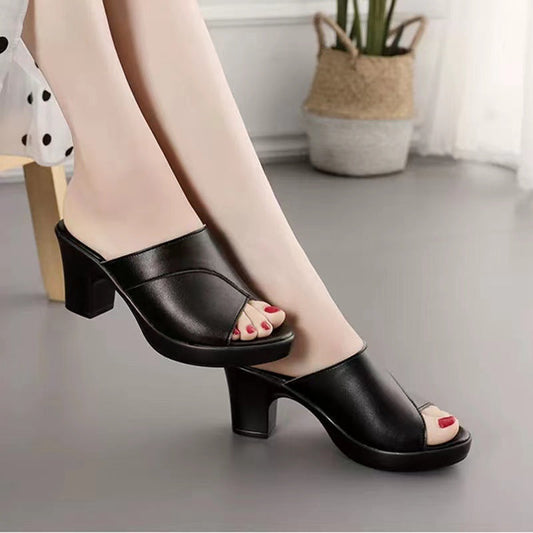 Mules à Talons Femme – Cuir Souple – Bout Ouvert – Talon Large – Enfilage Facile