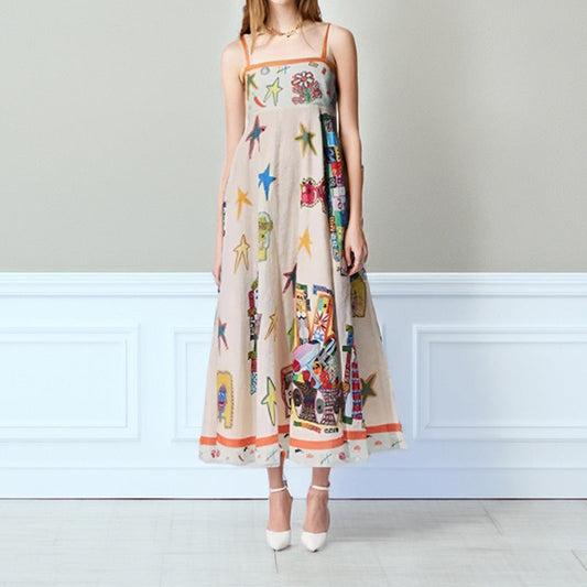 Robe longue femme – Coton léger – Coupe évasée – Bretelles fines – Imprimé fantaisie
