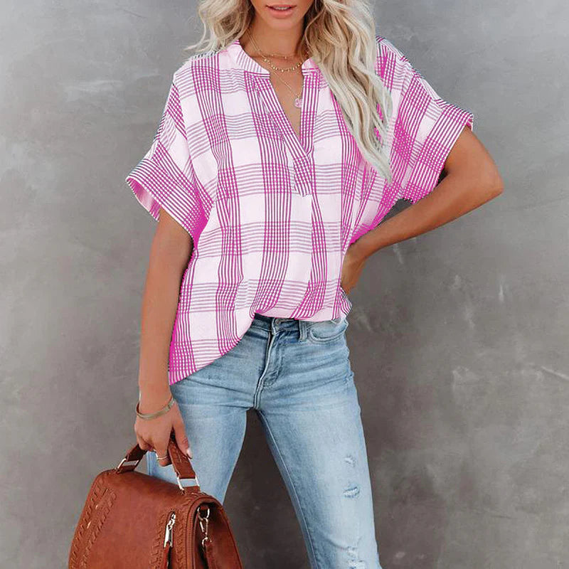 Blouse femme – Coupe décontractée – Motif à carreaux – Manches courtes – Coton respirant