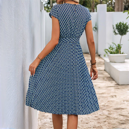Robe midi femme – Coupe décontractée – Taille ceinturée – Manches courtes – Tissu respirant – Motif graphique