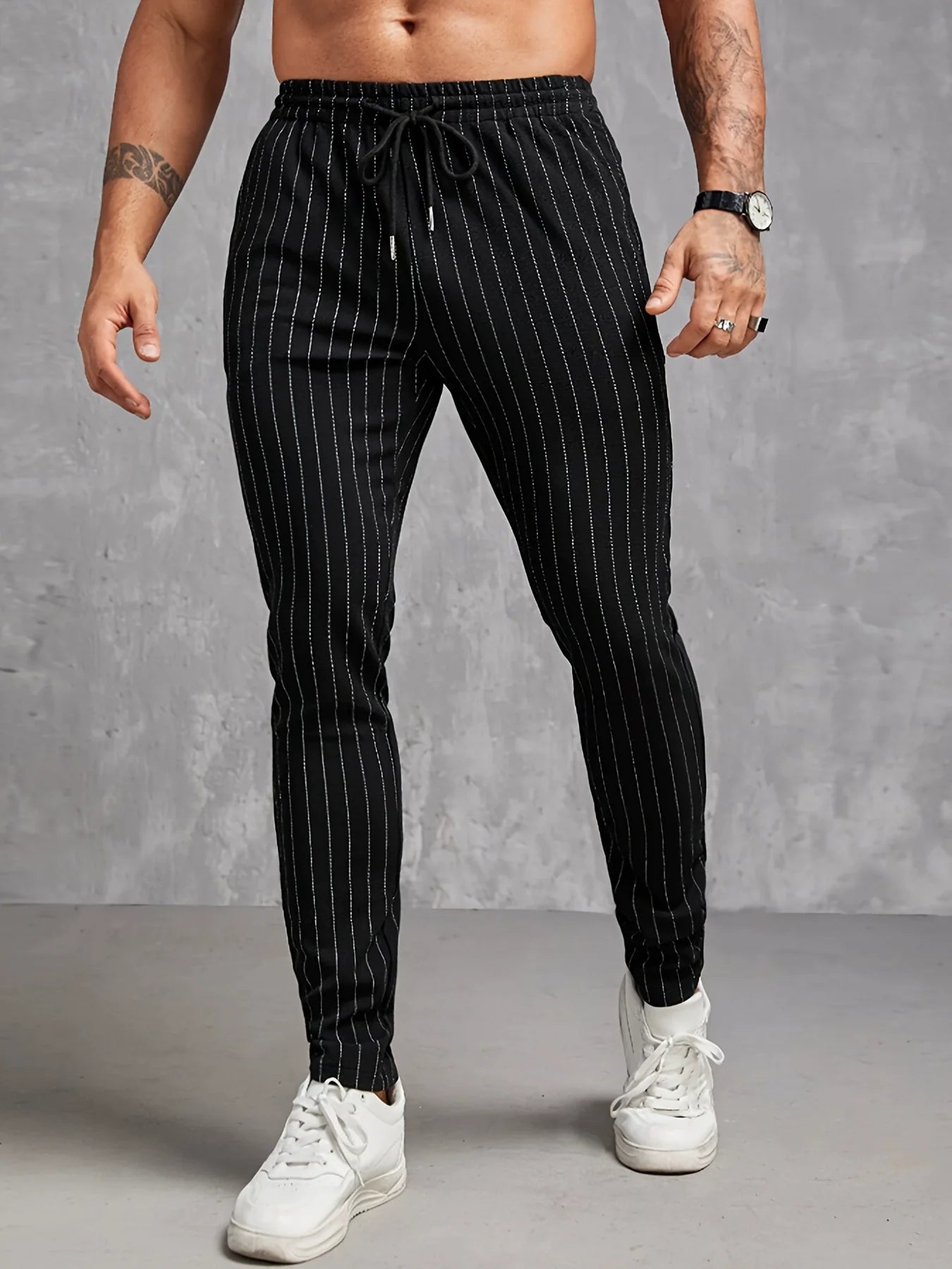 Pantalon skinny homme – Coupe slim – Taille élastique – Rayé – Tissu léger respirant