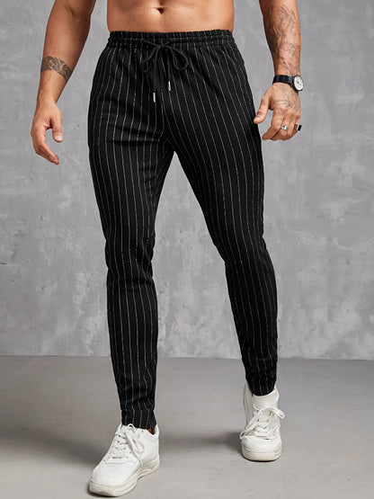 Pantalon skinny homme – Coupe slim – Taille élastique – Rayé – Tissu léger respirant