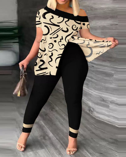 Ensemble Femme – Top Épaule Dénudée Détente – Pantalon Ajusté à Motifs – Tissu Léger